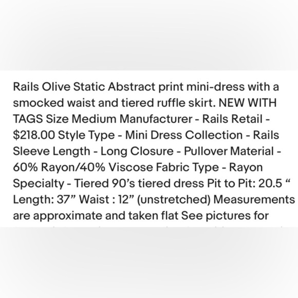 Rails Jasmine olive static printed v neck smocked waist mini tiered dress medium - Picture 8 of 16